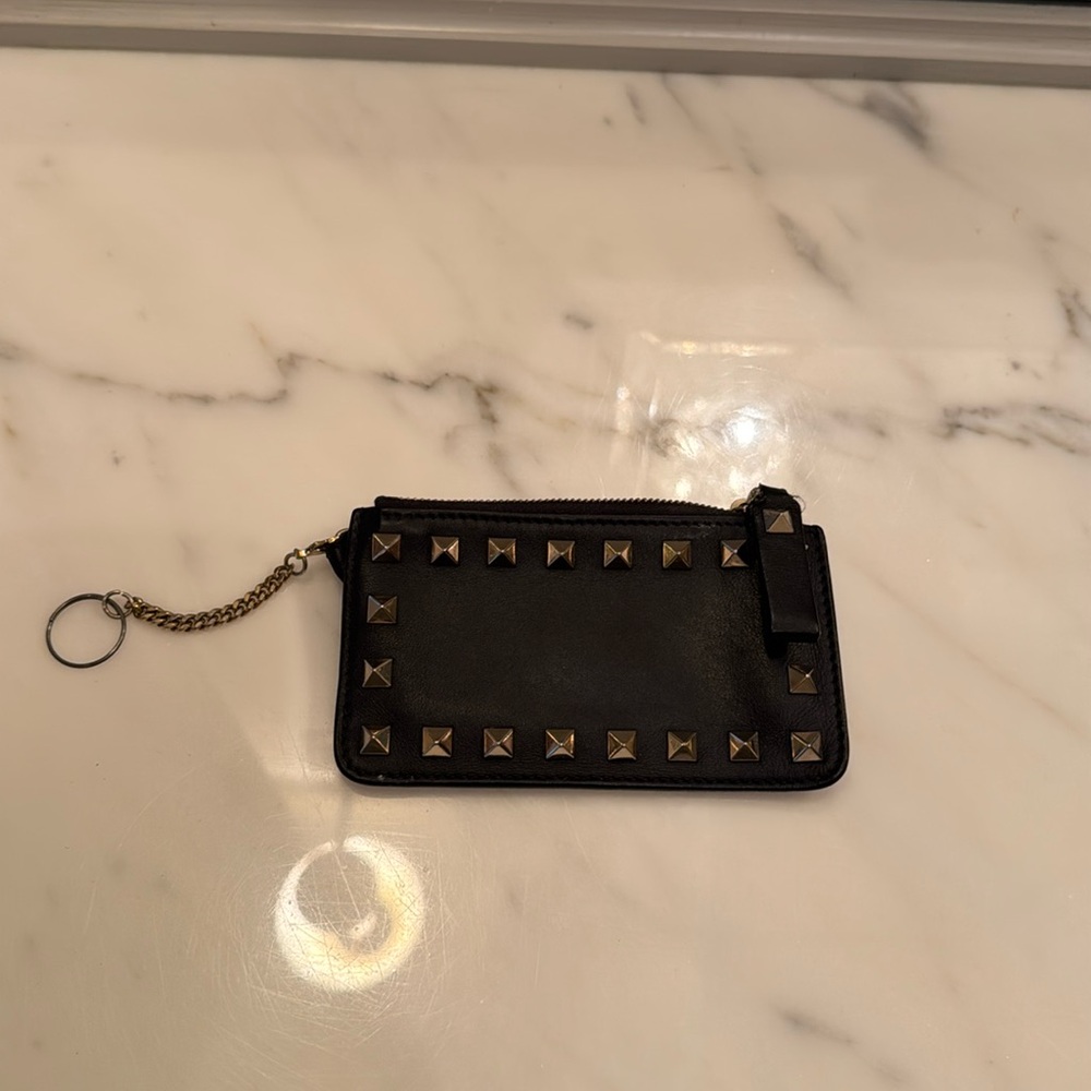 Navy Blue Valentino Rockstud Leather Zip Coin Purse